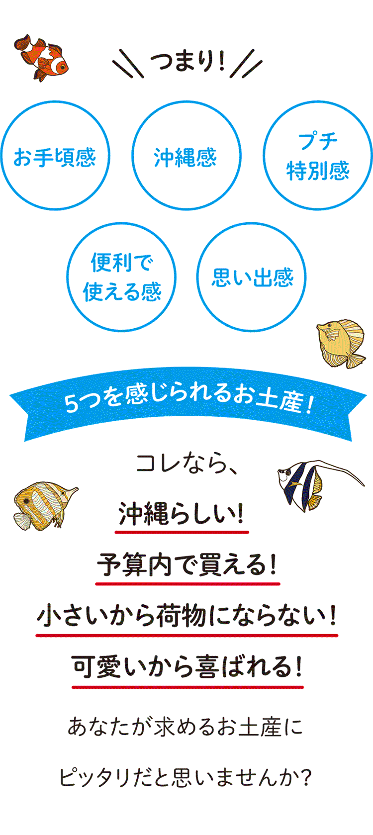 つまり!お手頃感、沖縄感、プチ特別感、便利で使える感、思い出感5つを感じられるお土産!
コレなら、沖縄らしい! 予算内で買える!小さいから荷物にならない!可愛いから喜ばれる!あなたが求めるお土産にピッタリだと思いませんか?