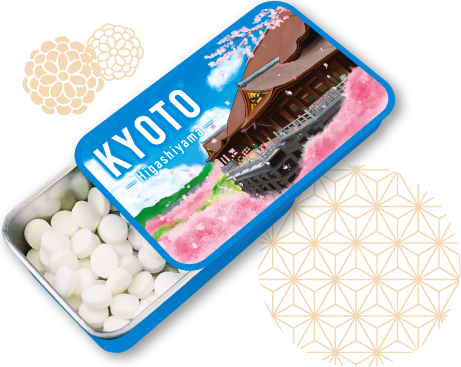 桜と建物を描いたミント缶 KYOTO